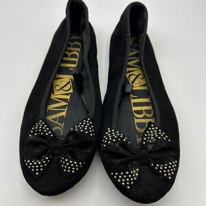 Sam & Libby Womens Black Faux Suede Studded Bow Ballet Flats Size 7 Round Toe
